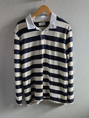 Men's Produkt Blue and Cream Striped Long Sleeved Polo Shirt XXL
